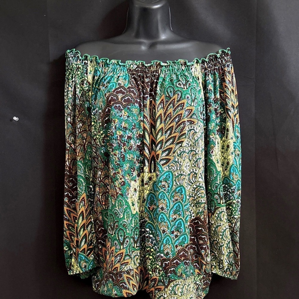 Y2K L Green Boho Paisley Off-the-Shoulder Smocked Dark Fairy Forest Witchy Troll